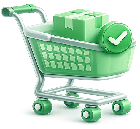 Green shopping cart with package and check mark