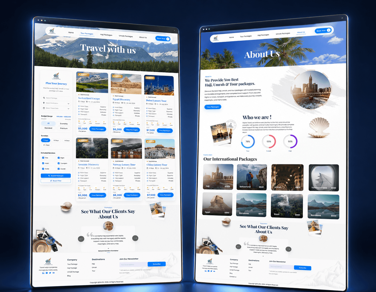 Sajda Travel website screens