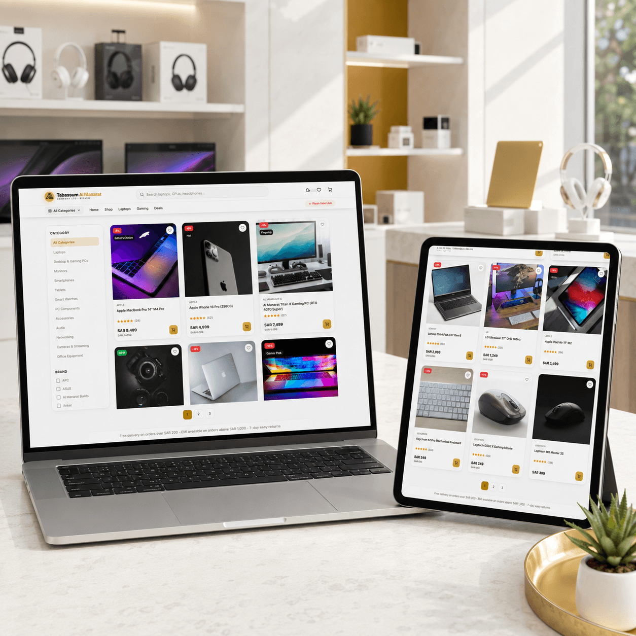 Tabassum Al Manarat product listing laptop and tablet mockup