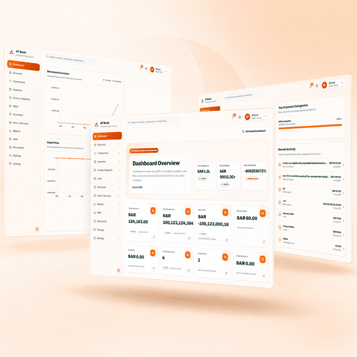 AT-Book invoicing and financial management screens